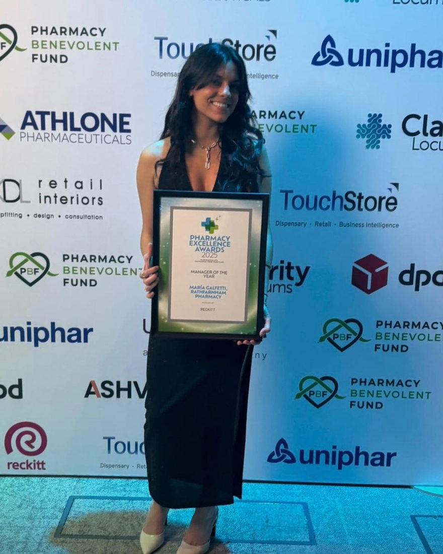 María Galfetti holding her Manager of the Year award at the Pharmacy Excellence Awards 2025